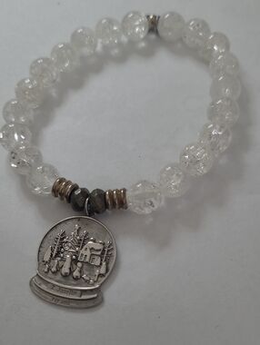 T. Jazelle Cracked Clear Crystal Bead Bracelet with Silver Snow Globe Charm
